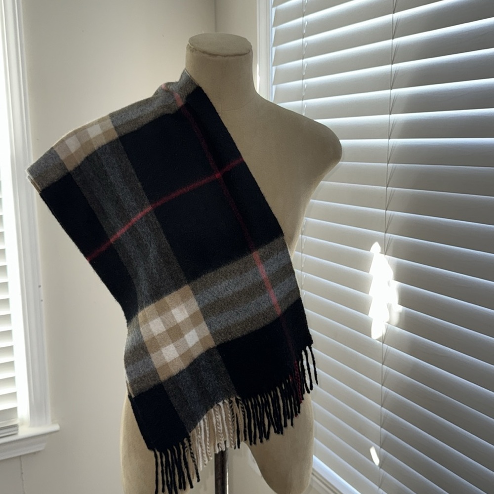 Burberry Classic Check Plaid 100% Cashmere Scarf Black White Beige 72" x 12.5" - Picture 5 of 5